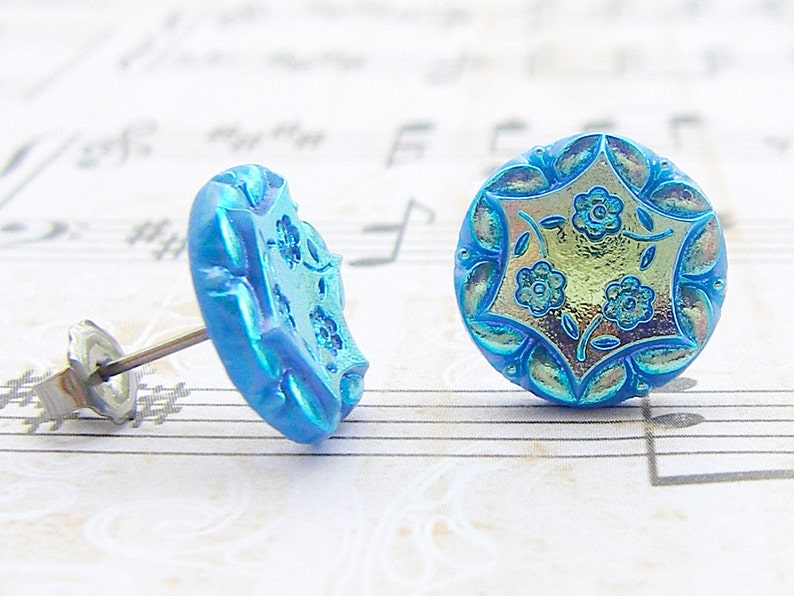 Cut Blue Daisies vintage glass button post earrings, up-cycled jewelry image 1