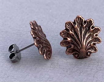 Ornate Seashell - antique copper finish titanium post earrings, ocean jewelry, vacation jewelry, summer earrings - P241