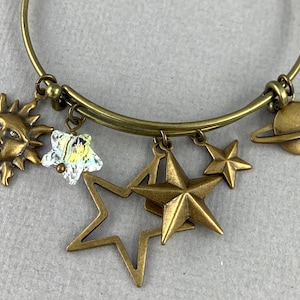 To the stars and back - antique brass expandable charm bangle bracelet, saturn, celestial, sun, planets