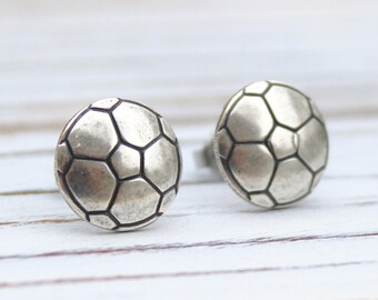 Soccer Ball - antique silver plated post earrings - P126