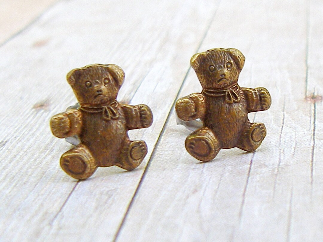 Little Brass Teddy Bear Antique Brass Finish Post Earrings P192 Etsy