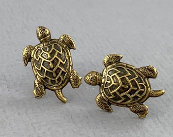 Brass Turtle - antique brass finish titanium post earrings - P151