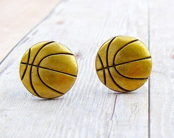 Basketball - antique brass stainless steel post earrings, sports earrings - P127
