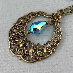 Intricate Filigree Hoop - vintage style antique brass and blue zircon ab Swarovski crystal necklace, delicate, minimalist necklace