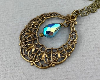 Intricate Filigree Hoop - vintage style antique brass and blue zircon ab Swarovski crystal necklace, delicate, minimalist necklace