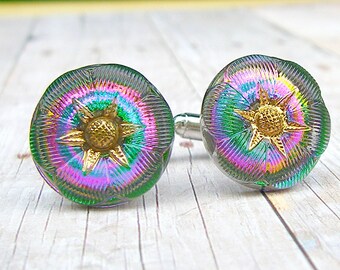 Rainbow - Czech glass button repurposed, up cycled cufflinks
