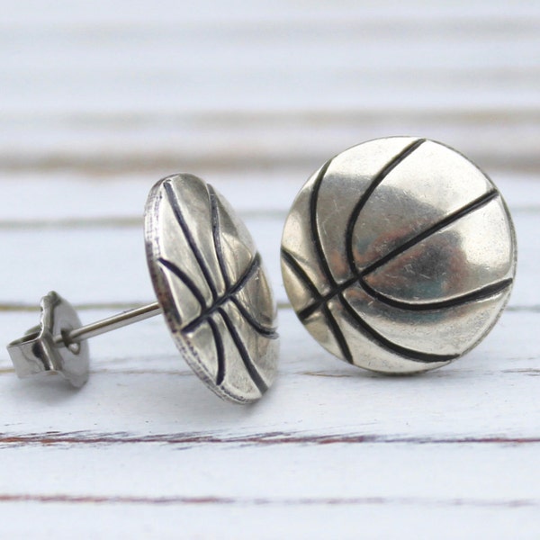 Basketball - antique silver plated surgical steel post earrings, sports jewelry - P128