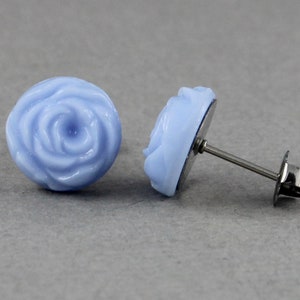 Blue Cabbage Rose vintage glass button titanium post earrings, repurposed jewelry, up-cycled jewelry image 7