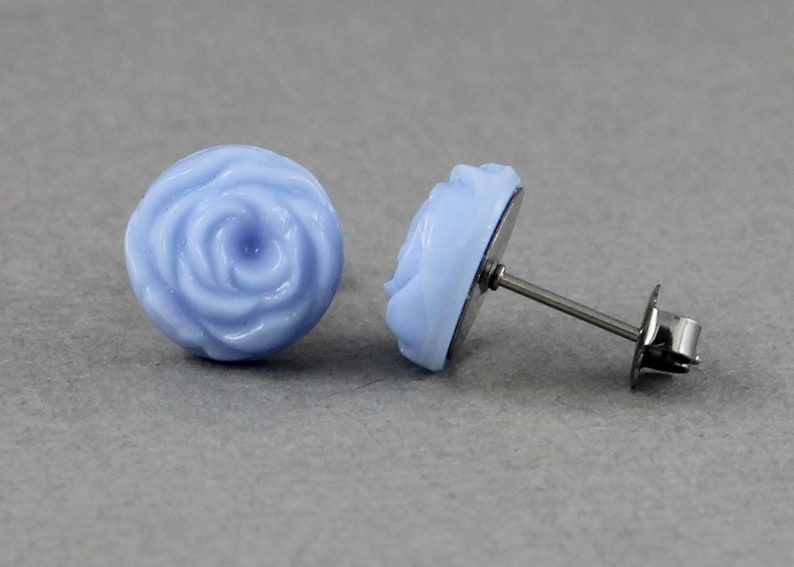 Blue Cabbage Rose vintage glass button titanium post earrings, repurposed jewelry, up-cycled jewelry image 7