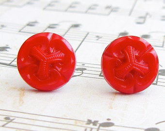 Carved Red - vintage glass button stud earrings, repurposed jewelry