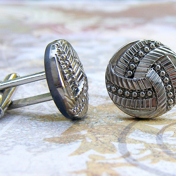 Silver Ribbon - Vintage glass button cufflinks, repurposed cufflinks