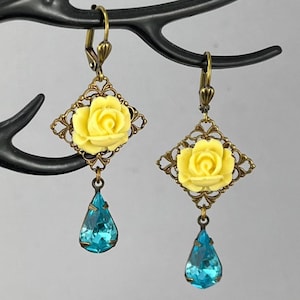 Butter Yellow Rose - Victorian vintage style antique brass rose drop earrings, vintage aqua Swarowski teardrop - Secret Garden Collection