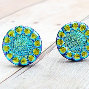 Blue Sunflower vintage Czech glass button post earrings image 1