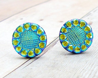 Blue Sunflower - vintage Czech glass button post earrings