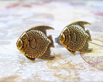 Something Fishy - antique gold post earrings - P152
