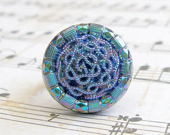Intricate Rainbow Knott - adjustable Vintage glass button ring, statement ring, cocktail ring