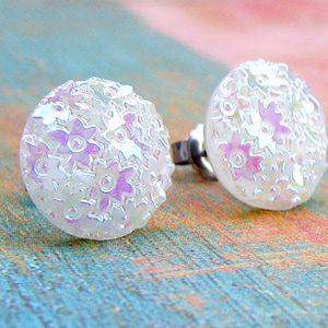 White Marguerites vintage glass button stud earrings, up-cycled, repurposed surgical steel post earrings