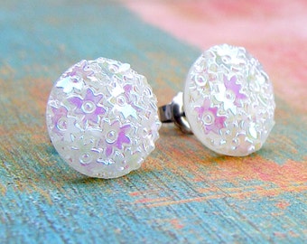 White Marguerites vintage glass button stud earrings, up-cycled, repurposed surgical steel post earrings