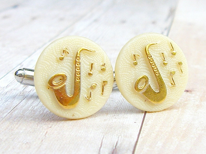 Saxophone Cufflinks Let the Music Flow Collection Vintage glass cufflinks, saxophone cufflinks, wedding, dad gift image 2