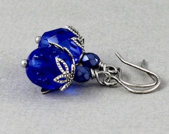 Cornflower Blue Buds - vintage style antique silver earrings, tiny, small, little earrings