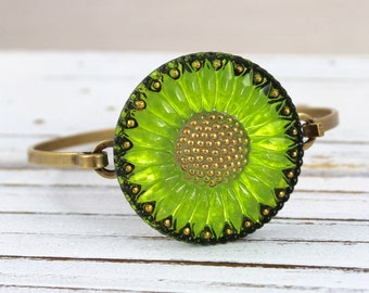 Lime Green Sunflower - Czech glass button bangle bracelet, repurposed jewelry, up-cycled jewelry