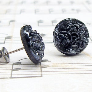 Charcoal Knot - vintage button post earrings, repurposed, up-cycled jewelry