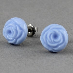 Blue Cabbage Rose vintage glass button titanium post earrings, repurposed jewelry, up-cycled jewelry image 4