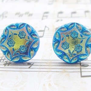 Cut Blue Daisies vintage glass button post earrings, up-cycled jewelry image 4