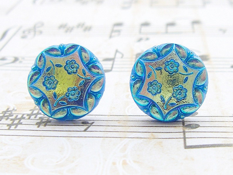 Cut Blue Daisies vintage glass button post earrings, up-cycled jewelry image 4