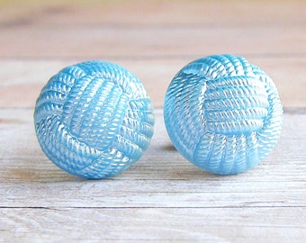 Pearly Blue Knot - vintage glass button post earrings