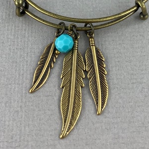 Feather Trio - antique brass expandable, adjustable charm bangle bracelet, turquoise Swarovski crystal