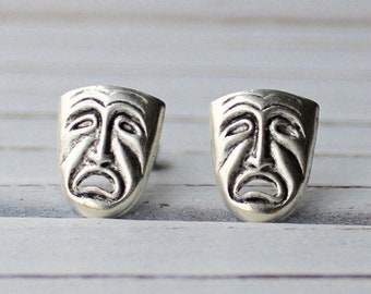 Tragedy - antique finish silver post mask earrings - P170