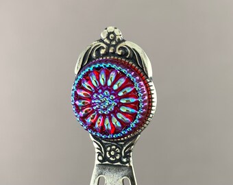 Iridescent Red Sunflower - vintage style antique silver bookmark, vintage glass button book lover gift, librarian, teacher gift -BK121