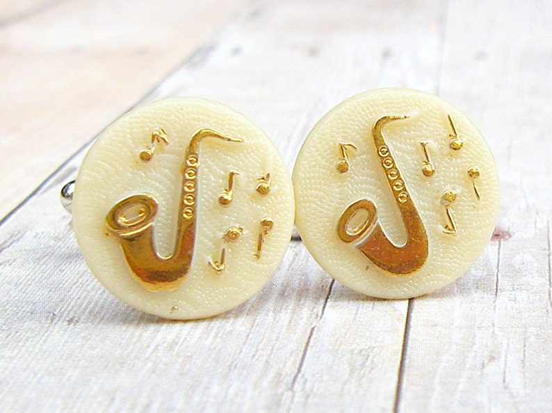 Saxophone Cufflinks Let the Music Flow Collection Vintage glass cufflinks, saxophone cufflinks, wedding, dad gift image 4