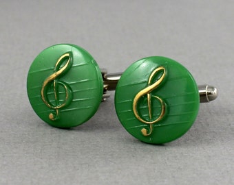 Treble Clef Cufflinks in green - Let the Music Flow Collection - Vintage glass button cufflinks, repurposed, up cycled cuff links