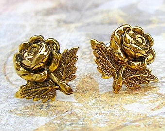 Rose Cutting - antique gold titanium post earrings - P122