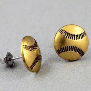 Baseball - antique gold plated surgical steel post earrings, sport&#39;s fan earrings - P129