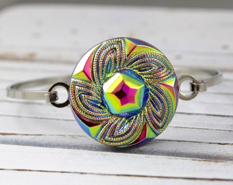 Rainbow Metallic Flower - Czech glass button bangle bracelet - repurposed jewelry, up-cycled jewelry