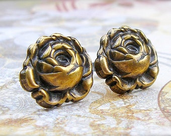 Peony - antique brass post earrings, flower earrings, rose earrings - P234