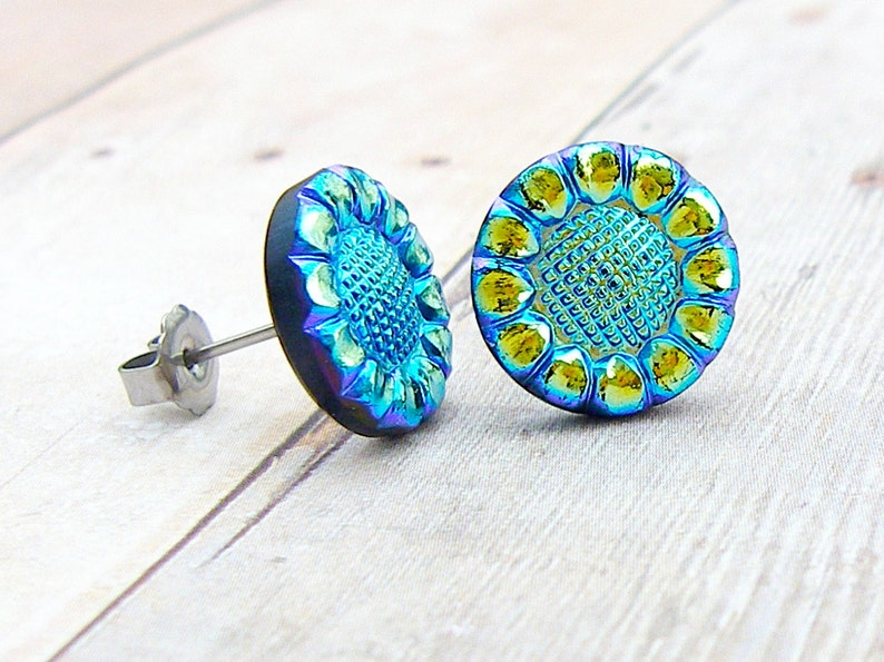 Blue Sunflower vintage Czech glass button post earrings image 3