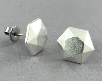 Faceted Hexagon - soft matte silver hypoallergenic titanium post earrings, geometric earrings - P168