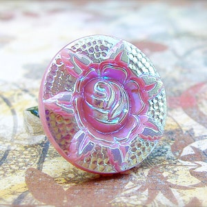 Pink Rose - adjustable Vintage Czech glass button statement ring, repurposed, up cycled jewelry