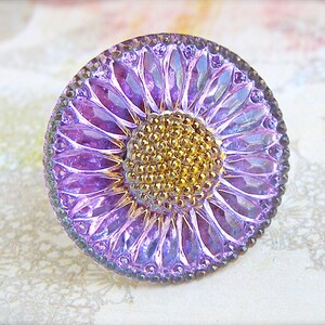 Lilac Blue Sunflower - adjustable Czech glass button ring