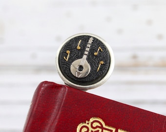 Banjo - vintage style antique silver bookmark with vintage glass button, up-cycled, repurposed - Let the Music Flow Collection - BK106