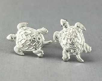 Soft matte Silver Turtle - antique silver plated finish titanium post earrings - P208