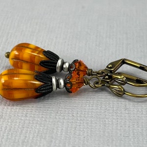 Orange Drop earrings - vintage Victorian style antique brass earrings, teardrop earrings