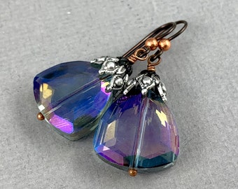 Elsie - vintage Victorian style antique silver drop earrings, blue and pink, faceted glass earrings, hypoallergenic niobium earwires
