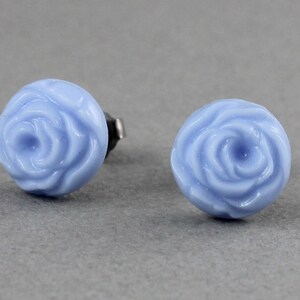 Blue Cabbage Rose vintage glass button titanium post earrings, repurposed jewelry, up-cycled jewelry image 3