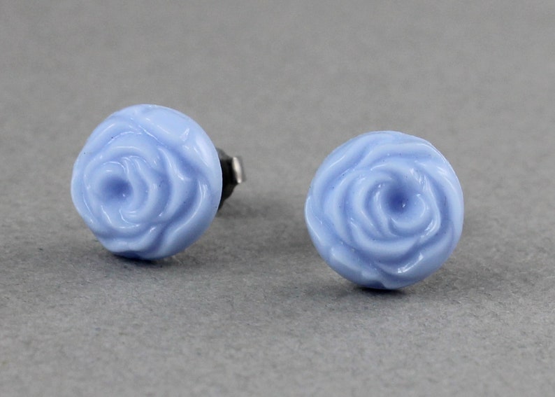 Blue Cabbage Rose vintage glass button titanium post earrings, repurposed jewelry, up-cycled jewelry image 3