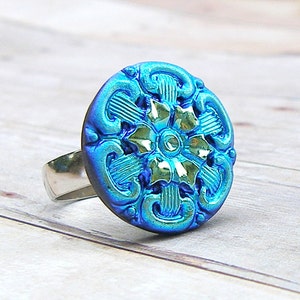 Blue Flower - adjustable Czech glass button ring